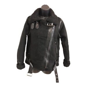 Black moto bomber buckled faux shearling leather coat jacket size large new‎
